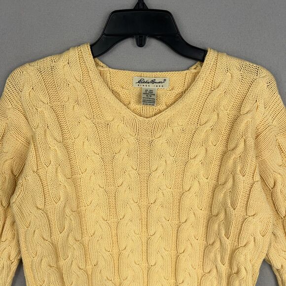 Vintage Eddie Bauer Sweater Womens Small Yellow Cable Knit Pullover Minimal Prep - Picture 2 of 12